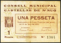 CASTELLAR DE N´HUG (BARCELONA). 1 Peseta. 19 de Junio de 1937. (González: 7420). Muy raro, pequeña rotura. MBC-.