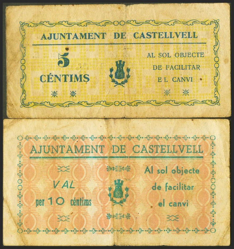 CASTELLVELL (TARRAGONA). 5 Céntimos y 10 Céntimos. Noviembre 1937. Series E y D,...