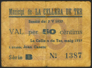 CELLERA DE TER (GERONA). 50 Céntimos. 7 de Mayo de 1937. Serie B. (González: 7539). Raro. MBC-.
