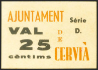 CERVIA (LERIDA). 25 Céntimos. (1937ca). Serie D. (González: 7584). Raro. SC.