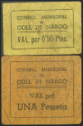 COLL DE NARGO (LERIDA). 50 Céntimos y 1 Peseta. (1937ca). (González: 7627/28). Muy rara serie completa. MBC-.
