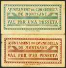 CORNUDELLA DE MONTSANT (TARRAGONA). 50 Céntimos y 1 Peseta. (1937ca). (González: 7692, 7693). Raros. EBC-/MBC.