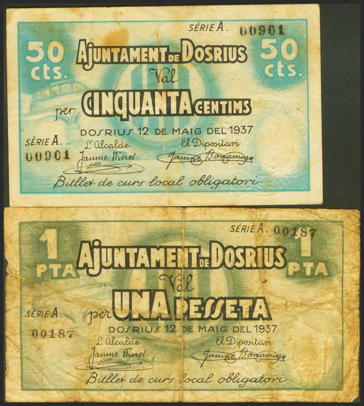 DOSRIUS (BARCELONA). 50 Céntimos y 1 Peseta. 12 de Mayo de 1937. Serie A, ambos....