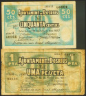 DOSRIUS (BARCELONA). 50 Céntimos y 1 Peseta. 12 de Mayo de 1937. Serie A, ambos. (González: 7721/22). Rara serie completa. MBC/BC.