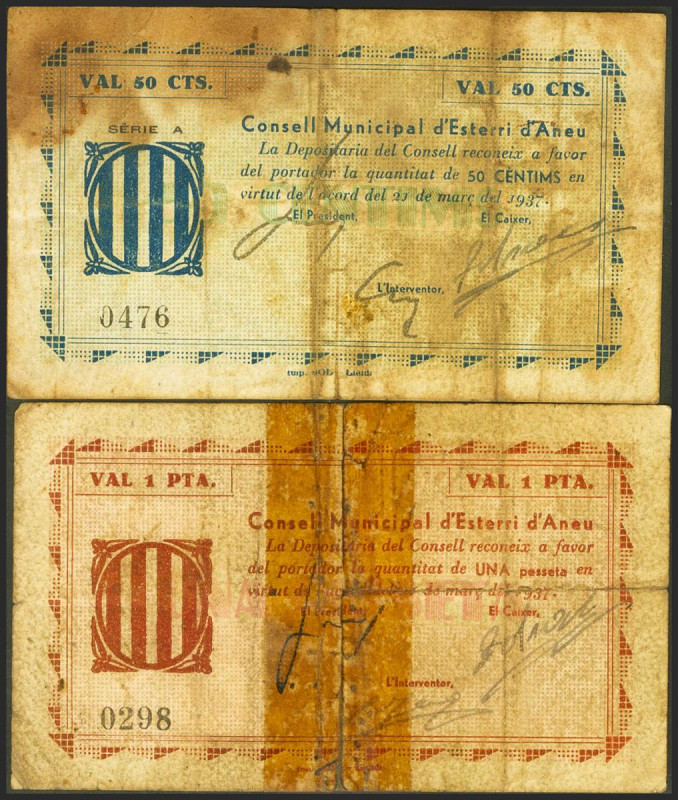 ESTERRI D´ANEU (LERIDA). 50 Céntimos y 1 Peseta. 21 de Marzo de 1937. Serie A y ...