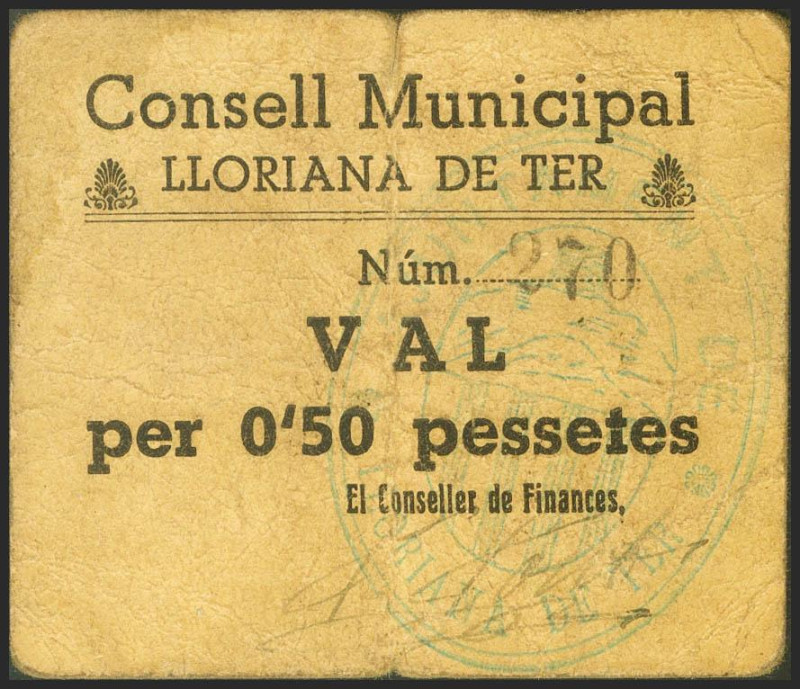 LLORIANA DE TER (BARCELONA). 50 Céntimos. (1938ca). (González: 8442). Muy raro. ...