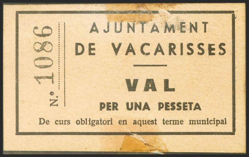 VACARISSES (BARCELONA). 1 Peseta. (1937ca). (González: 10473). EBC+.