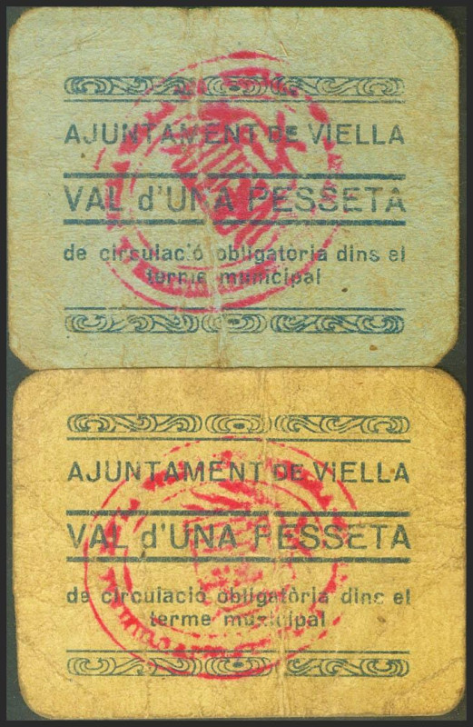 VIELLA (LERIDA). 1 Peseta (2). (1937ca). (González: 10655/56). Muy rara serie co...