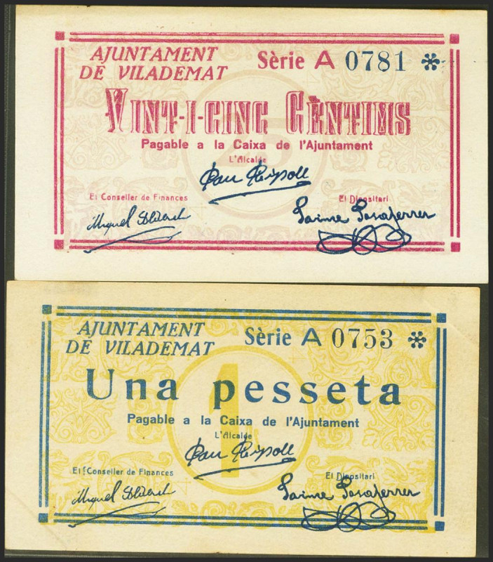 VILADEMAT (GERONA). 25 Céntimos y 1 Peseta. (1937ca). Serie A, ambos. (González:...