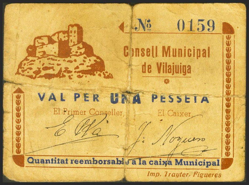 VILAJUIGA (GERONA). 1 Peseta. 1937. (González: 10734). Muy raro. BC+.