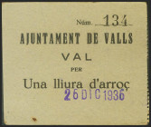 VALLS (TARRAGONA). Vale por 1 Libra de arroz. 26 de Diciembre de 1936. SC.
