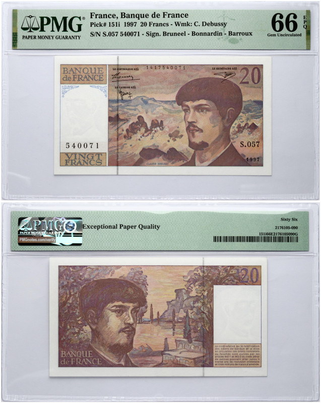 France 20 Francs 1997 Claude Debussy Banknote PMG 66 Gem Uncirculated EPQ