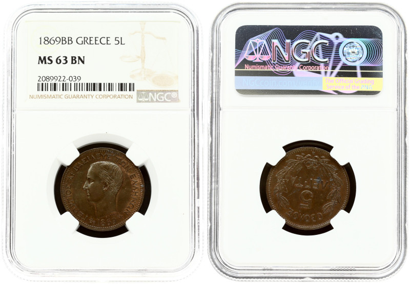 Greece 5 Lepta 1869BB NGC MS 63 BN
Estimate: EUR 275 - 320