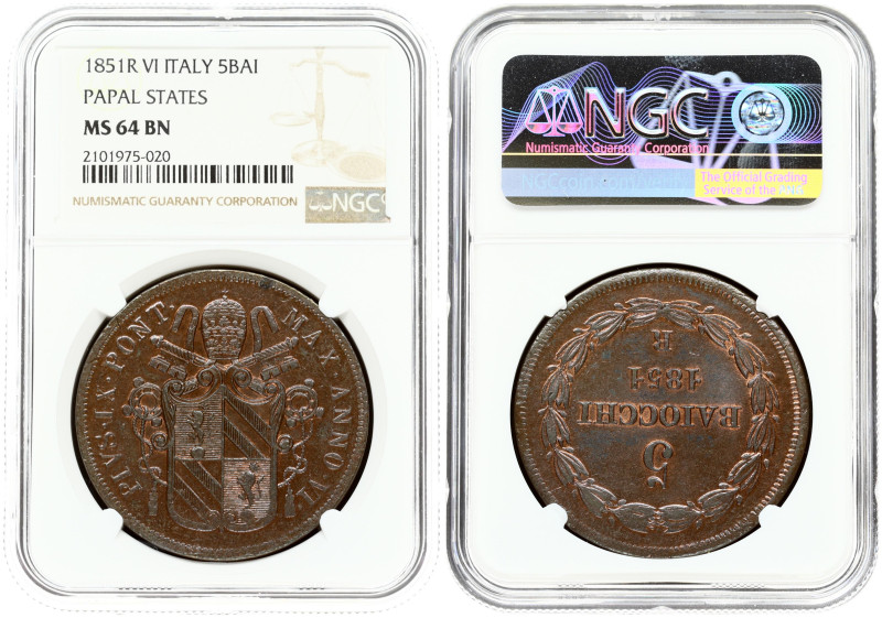 Vatican 5 Baiocchi 1851- A VI NGC MS 64 BN TOP POP
Estimate: EUR 185 - 220