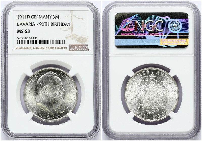 Bavaria 3 Mark 1911 D 90th Birthday of Prince Regent Luitpold NGC MS 63
Estimat...