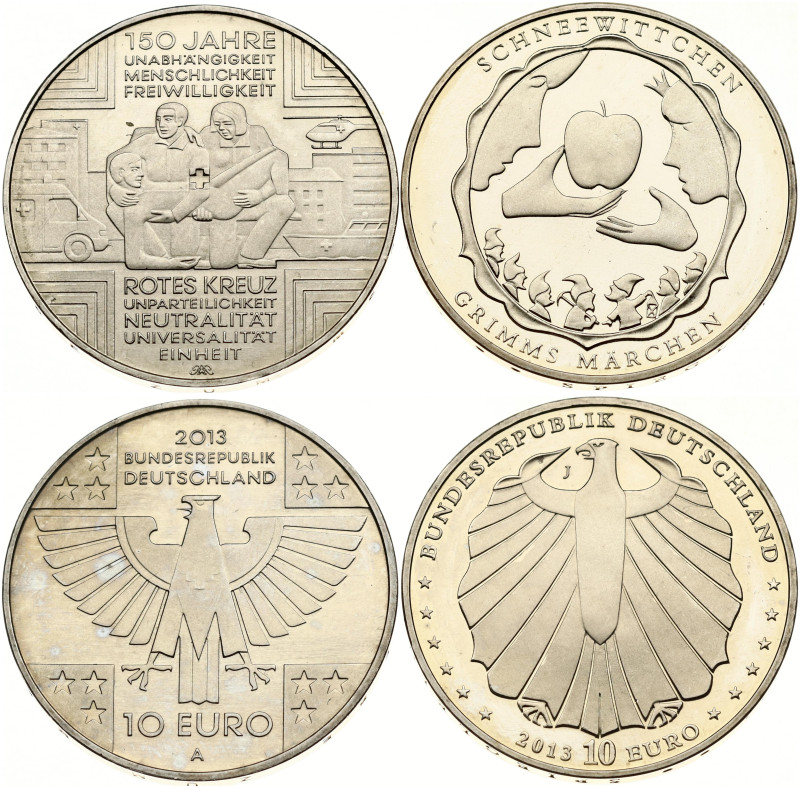 Germany 10 Euro 2013 A Red Cross & 10 Euro 2013 J Grimm's Fairy Tales Lot of 2 C...