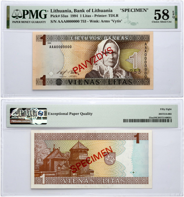 Lithuania 1 Litas 1994 Banknote PAVYZDYS/SPECIMEN PMG 58 Choice About Unc EPQ
E...