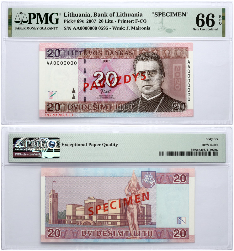 Lithuania 20 Litų 2007 Banknote PAVYZDYS/SPECIMEN PMG 66 Gem Uncirculated EPQ
E...