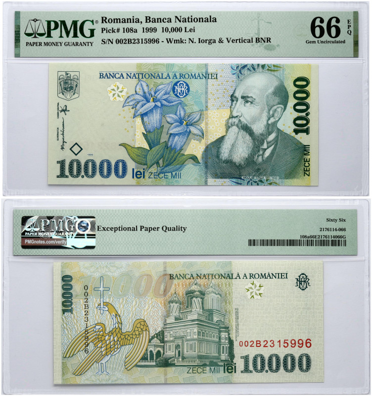 Romania 10 000 Lei 1999 Nicolae Iorga Banknote PMG 66 Gem Uncirculated EPQ