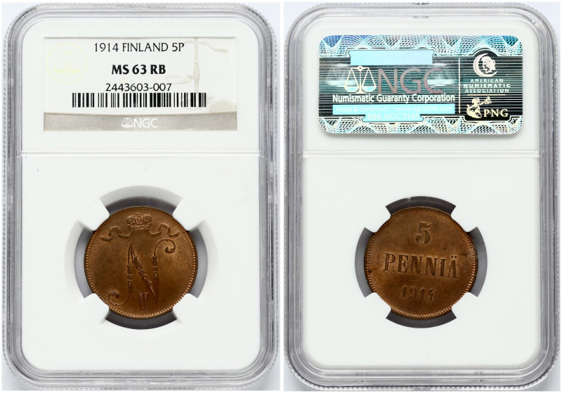 Russia for Finland 5 Pennia 1914 NGC MS 63 RB
Estimate: EUR 40 - 60