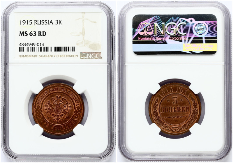 Russia 3 Kopecks 1915 NGC MS 63 RD
Estimate: EUR 50 - 75