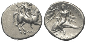 Kalabrien. Tarent.

 Didrachme oder Nomos (Silber). Ca. 272 - 240 v. Chr.
Vs: Krieger zu Pferde mit Schild und Speer nach rechts reitend; im Feld l...