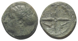 Sizilien. Syrakus. 2. Demokratie (466 - 405 v. Chr.).

 Bronze. Ca. 415 - 405 v. Chr.
Vs: Kopf der Arethousa mit Sphendone links.
Rs: Vierspeichig...