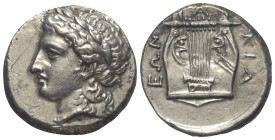 Makedonien. Chalkidischer Bund.

 Tetradrachme (Silber). Ca. 420 - 379 v. Chr. Olynthos.
Vs: Kopf des Apollon mit Lorbeerkranz links.
Rs: Kithara....