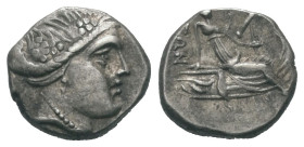 Euböa. Histiaia.

 Tetrobol (Silber). Ca. 3. - 2. Jhdt. v. Chr.
Vs: Kopf der Nymphe Histiaia mit Kranz aus Weinlaub und Reben rechts.
Rs: Die Nymp...