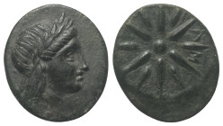 Mysien. Gambrion.

 Bronze. 4. Jhdt. v. Chr.
Vs: Kopf des Apollon mit Lorbeerkranz rechts.
Rs: Zwölfstrahliger Stern.

18 mm. 3,75 g. 

SNG Co...
