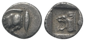 Mysien. Kyzikos.

 Diobol (Silber). Ca. 525 - 475 v. Chr.
Vs: Vorderteil eines Ebers links, dahinter Thunfisch nach oben.
Rs: Löwenkopf links in Q...