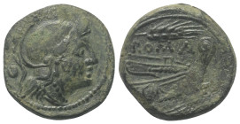 Anonyme Prägungen.

 Uncia. 214 - 212 v. Chr. Sizilien.
Vs: Behelmter Kopf der Roma rechts. Dahinter Punkt.
Rs: Prora rechts, darüber Kornähre und...