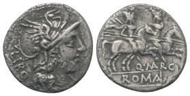 Q. Marcius Libo.

 Denar (Silber). 148 v. Chr. Rom.
Vs: LIBO. Kopf der Roma mit geflügeltem Helm rechts, davor Wertzeichen.
Rs: Q MARC / ROMA. Die...