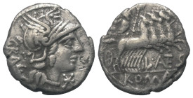 L. Antestius Gragulus.

 Denar (Silber). 136 v. Chr. Rom.
Vs: GRAG. Kopf der Roma mit geflügeltem Greifenkopfhelm rechts, davor Wertzeichen.
Rs: L...
