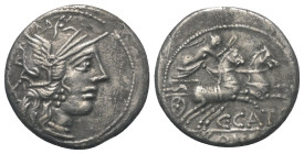 C. Porcius Cato.

 Denar (Silber). 123 v. Chr. Rom.
Vs: Kopf der Roma mit geflügeltem Helm rechts, dahinter X.
Rs: C. CATO Victoria in Biga nach r...