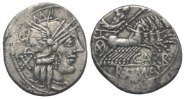 M. Papirius Carbo.

 Denar (Silber). 121 v. Chr. Rom.
Vs: Kopf der Roma mit geflügeltem Helm rechts, dahinter Wertzeichen.
Rs: CARB / ROMA. Jupite...