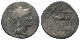 C. Claudius Pulcher.

 Denar (Silber). 110 oder 109 v. Chr. Rom.
Vs: Kopf der Roma mit geflügeltem Greifenkopfhelm rechts.
Rs: C PVLCHER. Victoria...