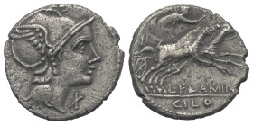 L. Flaminius Chilo.

 Denar (Silber). 109 oder 108 v. Chr. Rom.
Vs: ROMA. Kopf der Roma mit geflügeltem Helm rechts, davor Wertzeichen.
Rs: L FLAM...