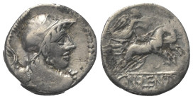 Cn. Lentulus Clodianus.

 Denar (Silber). 88 v. Chr. Rom.
Vs: Büste des Mars mit korinthischem Helm von hinten gesehen, Kopf nach rechts, über der ...