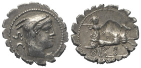 L. Procilius.

 Denar (Silber). 80 v. Chr.
Vs: Kopf der Juno Sospita mit Ziegenfellkappe rechts, dahinter S C.
Rs: L PROCILI F. Juno Sospita mit L...