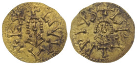 Westgoten. Liuva II. (601 - 603 n. Chr.).

 Tremissis (Gold). Ispalis.
Vs: Stilisierte Büste des Königs en face.
Rs: Stilisierte Büste des Königs ...
