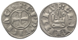 Achaia - Fürstentum. Wilhelm von Villehardouin (1246 - 1278).

 Denar (Silber).
Vs: + G PRINCE Ach. Kreuz.
Rs: + CLARENTIA. Stilisiertes Kastell....