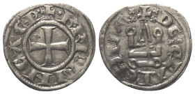 Achaia - Fürstentum. Karl II. (1285 - 1289).

 Denar (Silber).
Vs: + K R PRINC' ACh. Kreuz.
Rs: + DE CLARENTIA. Stilisiertes Kastell.

19 mm. 0,...