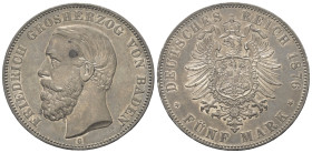 Kaiserreich. Baden. Friedrich I. (1856 - 1907).

 5 Mark (Silber). 1876 G.
Vs: Kopf links.
Rs: Kleiner Reichsadler.

38 mm. 27,75 g. 

Jaeger ...