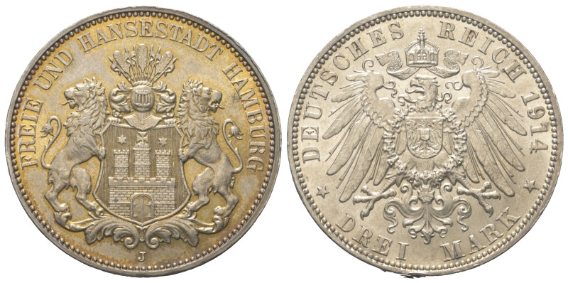 Kaiserreich. Hamburg.

 3 Mark (Silber). 1914 J. Hamburg.
Vs: Stadtwappen, ge...