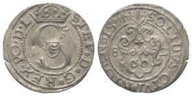 Polen. Königreich. Stephan Bathory (1576 - 1586).

 Solidus (Schilling) (Silber). 1582. Riga.
Vs: Bekröntes Monogramm.
Rs: Stadtwappen, flankiert ...