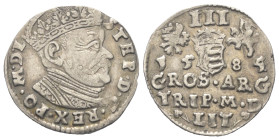 Polen. Königreich. Stephan Bathory (1576 - 1586).

 Dreigröscher (Silber). 1584. Vilnius (Wilno).
Vs: Bekrönte Büste im Harnisch nach rechts.
Rs: ...