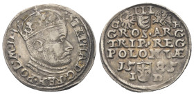 Polen. Königreich. Stephan Bathory (1576 - 1586).

 Dreigröscher (Silber). 1585. Ilkenau (Olkusz).
Vs:Bekrönte Büste im Harnisch nach rechts.
Rs: ...