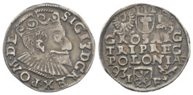 Polen. Königreich. Sigismund III. Wasa (1587 - 1632).

 Dreigröscher (Silber). 1593. Posen (Poznan).
Vs: Gekrönter Kopf mit Harnisch- und Mühlstein...