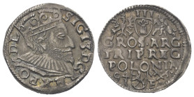 Polen. Königreich. Sigismund III. Wasa (1587 - 1632).

 Dreigröscher (Silber). 1594. Posen (Poznan).
Vs: Gekrönter Kopf mit Harnisch- und Mühlstein...